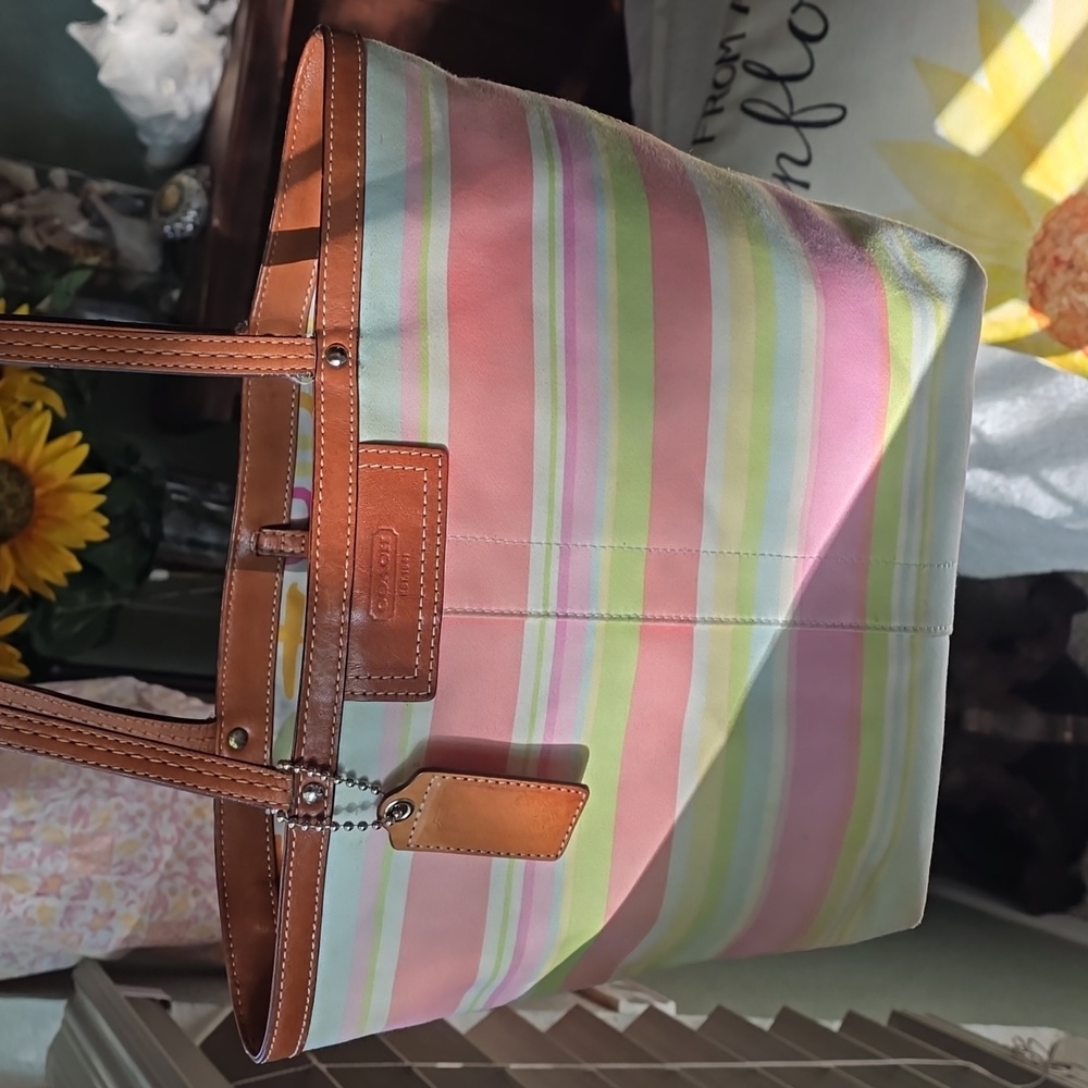 Coach Pastel Stripe Canvas Tote with Leather Trim